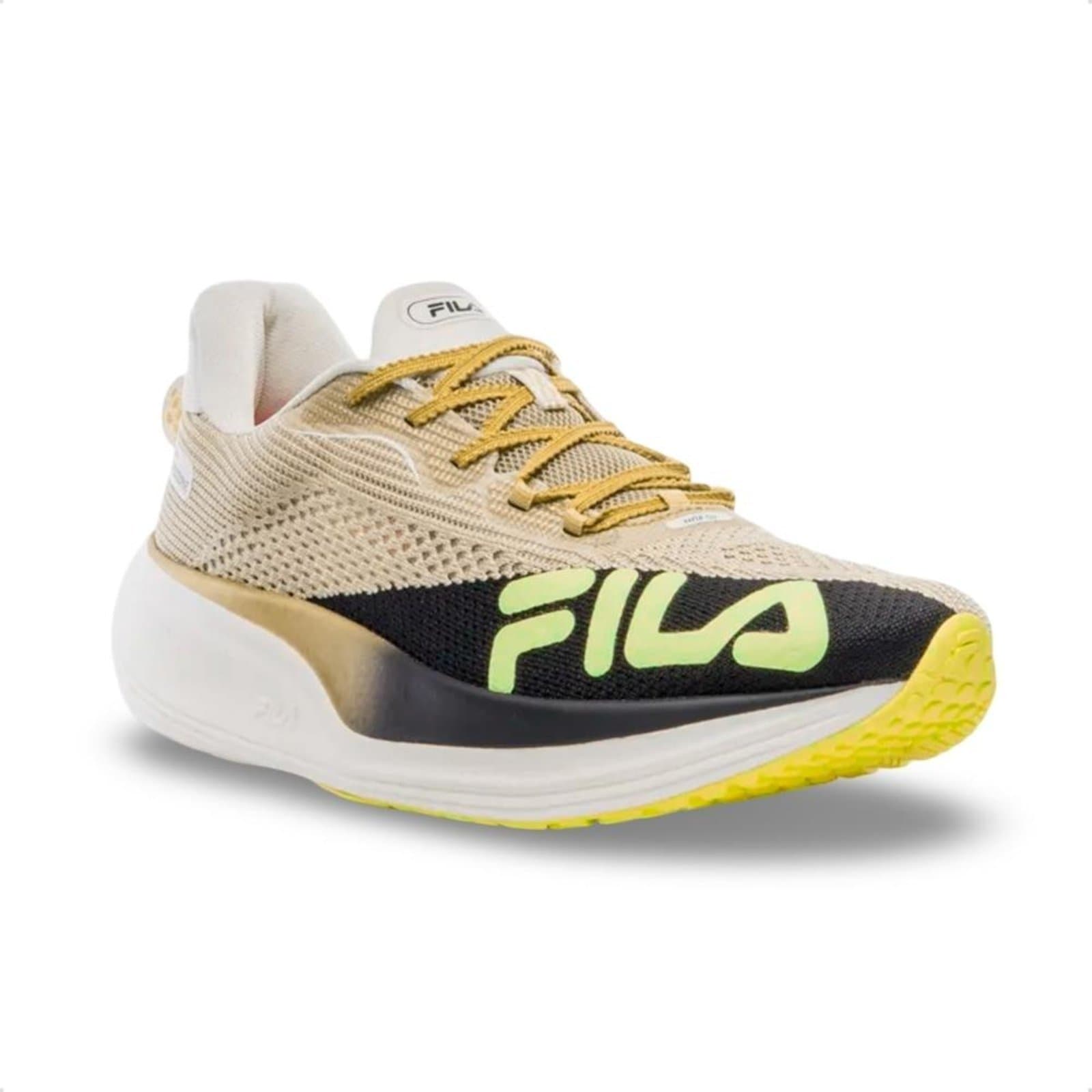 Tênis Fila Feminino Racer Speedzone Corrida Dourado, bege e dourado, com logo FILA em neon.