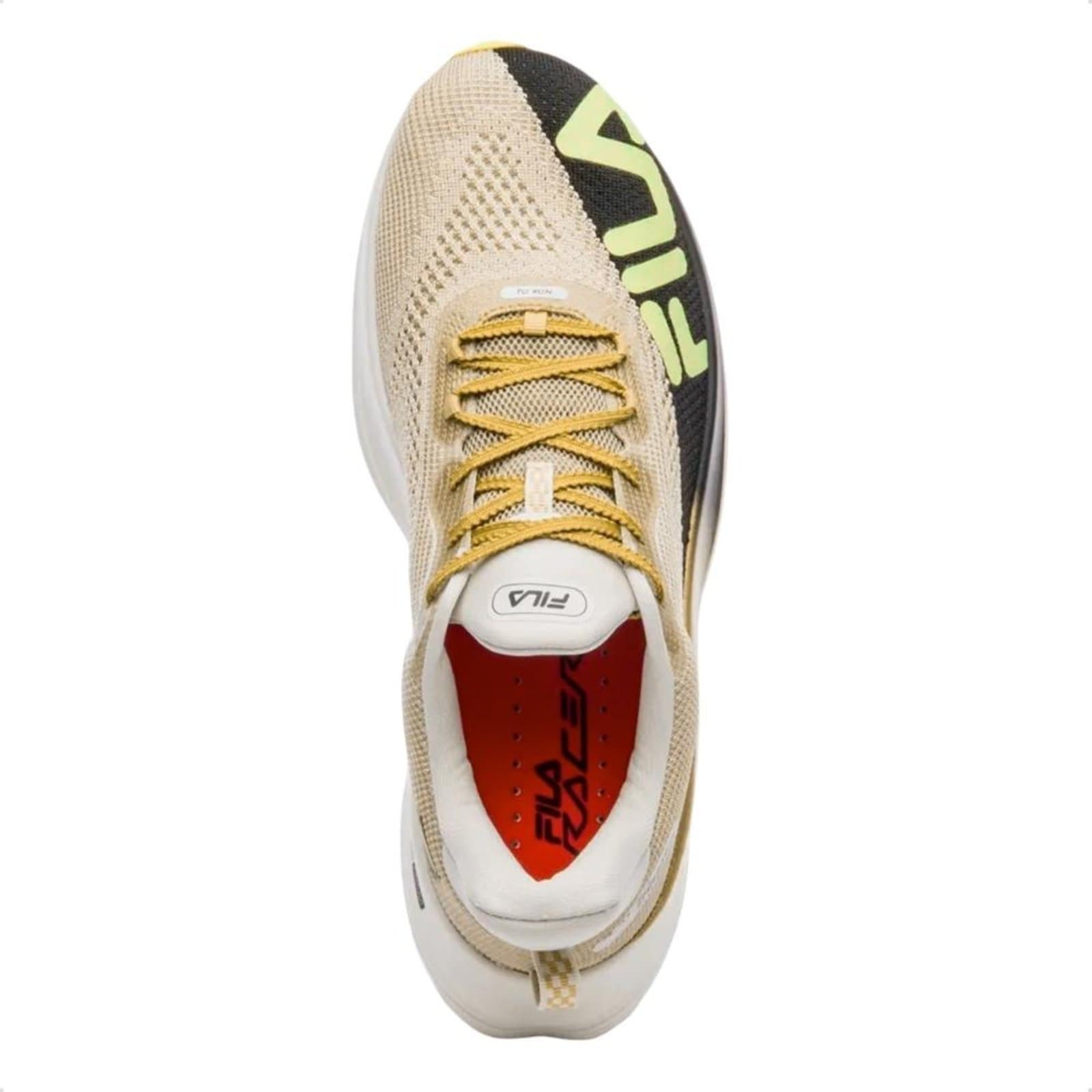 Tênis Fila Racer Speedzone branco e amarelo para corrida com cabedal S-KNIT.