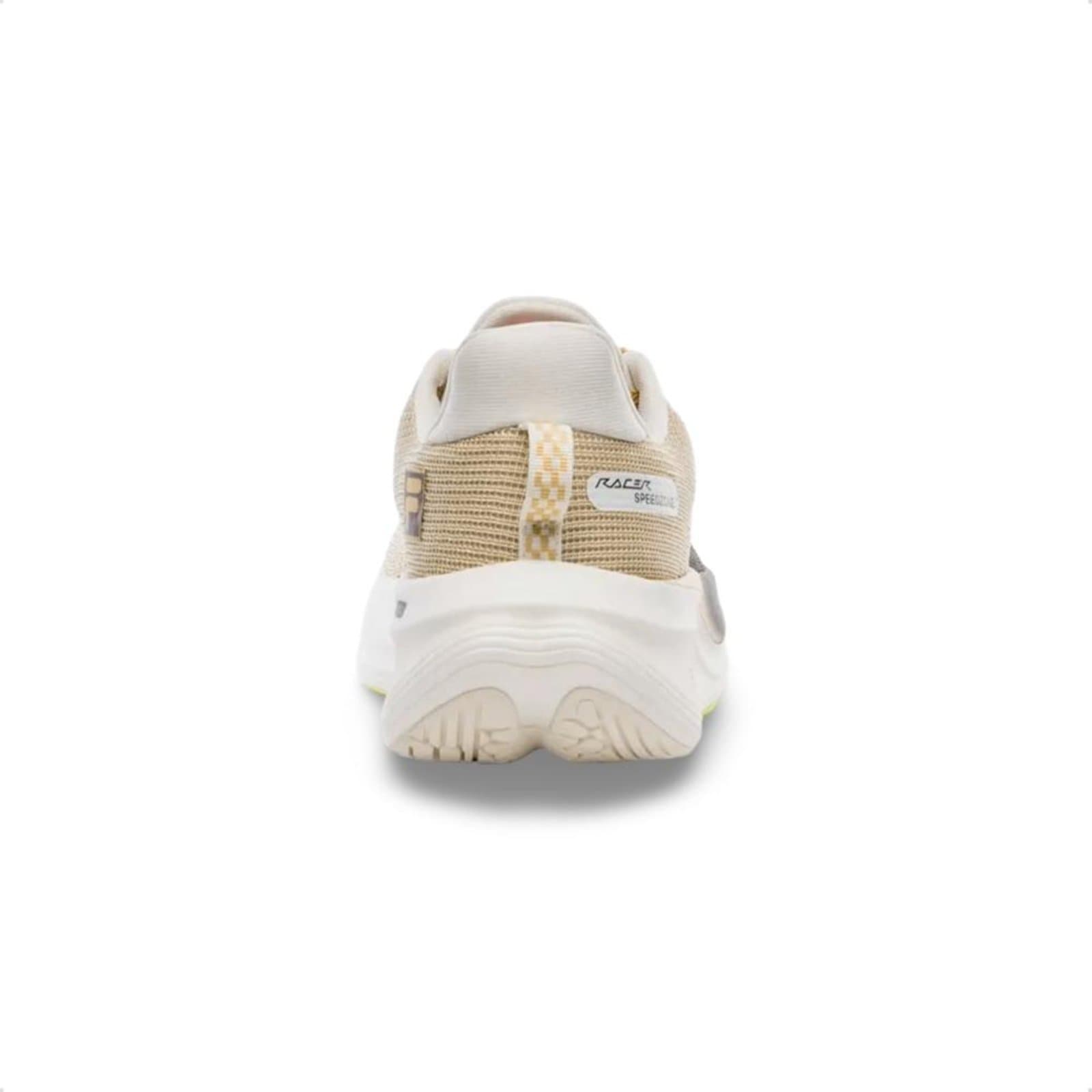 Tênis Fila Racer Speedzone branco e amarelo para corrida com sola branca e detalhes em amarelo.