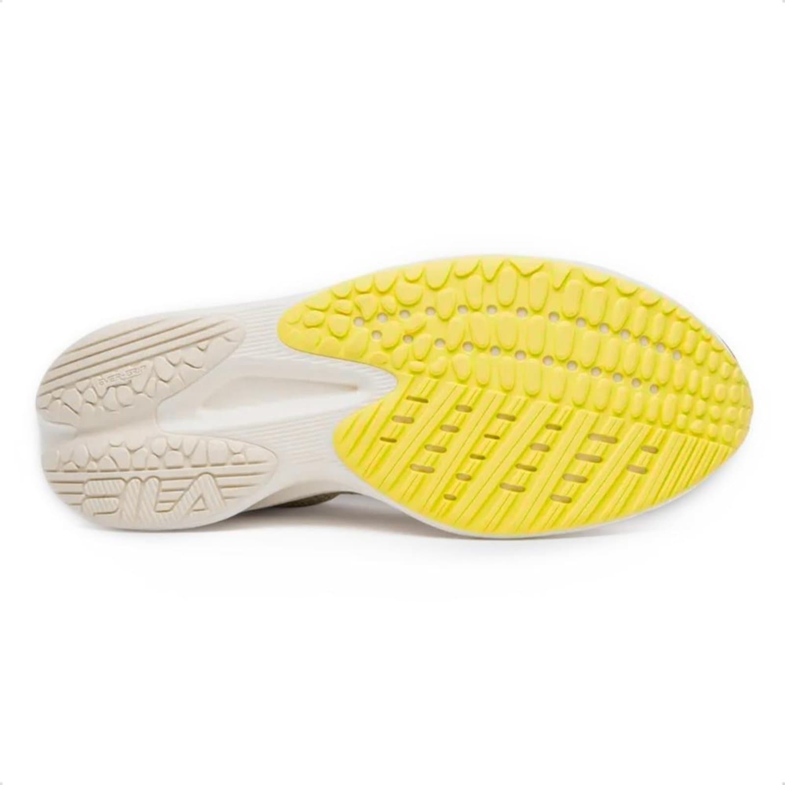Sola do tênis Fila Racer Speedzone branco e amarelo para corrida com design em relevo.