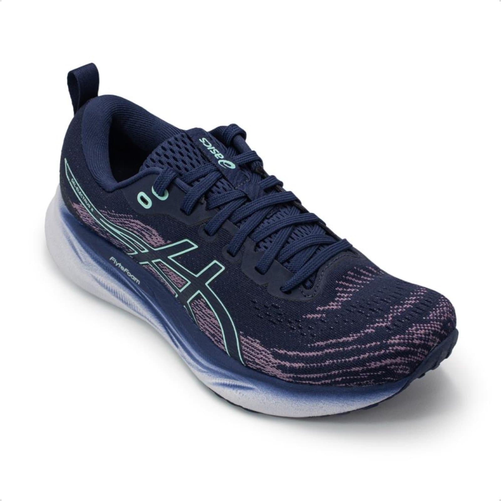 Tênis Asics Gel-Electrus 2 feminino para corrida, azul escuro com detalhes em verde e branco, logotipo ASICS na lateral, sola branca e azul, tecnologia FlyteFoam.